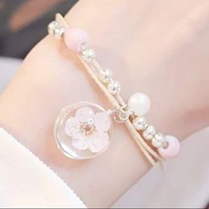 🌸Gorgeous Encased Flower Pendant Charm Silver Beaded Multi-Strand Bracelet🌸